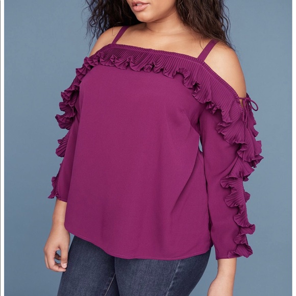 Lane Bryant Tops - EUC Lane Bryant Purple Ruffle Cold shoulder top